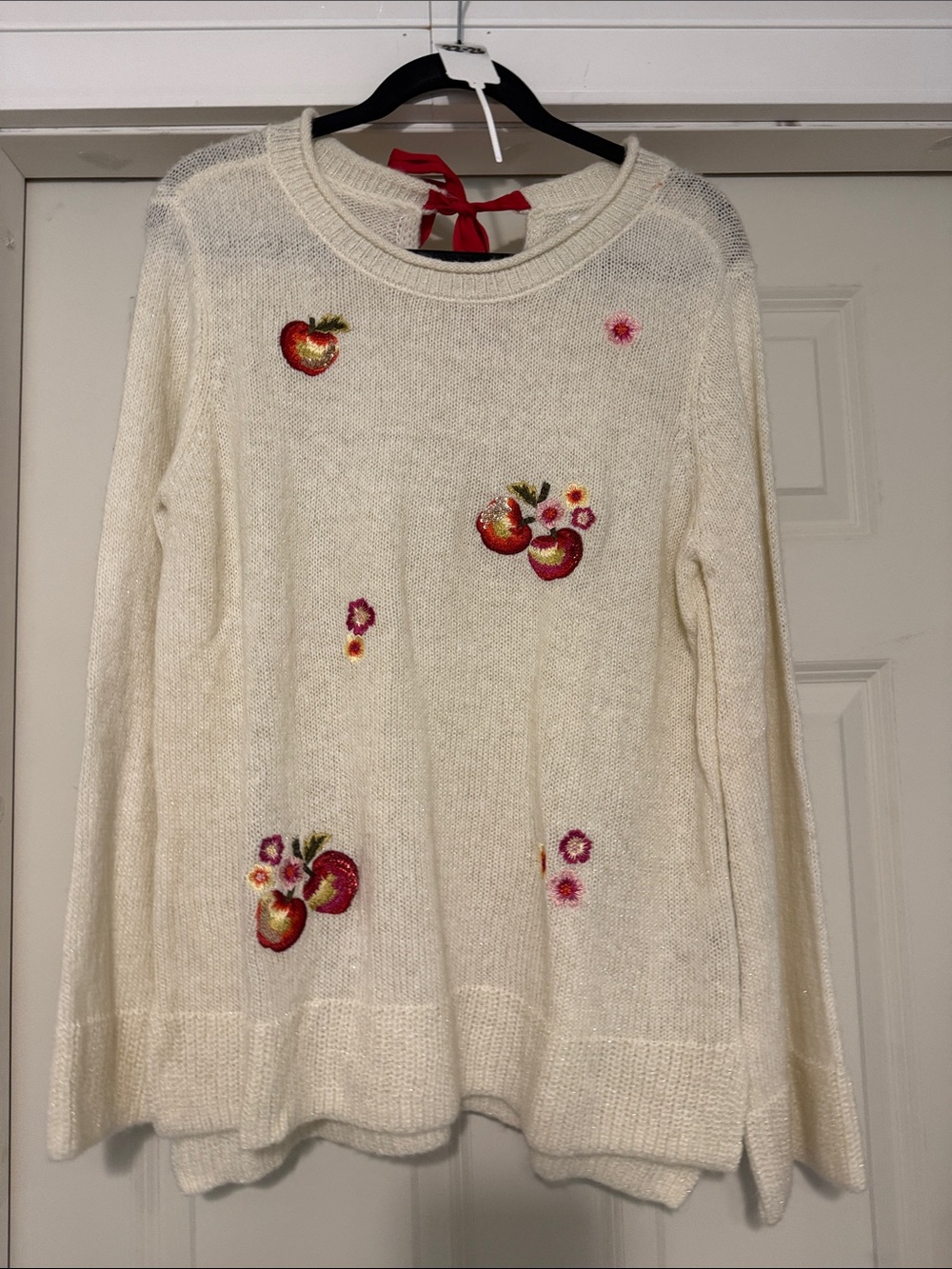 LC Lauren Conrad Cream Knit Sweater with Red Apple Embroidery
